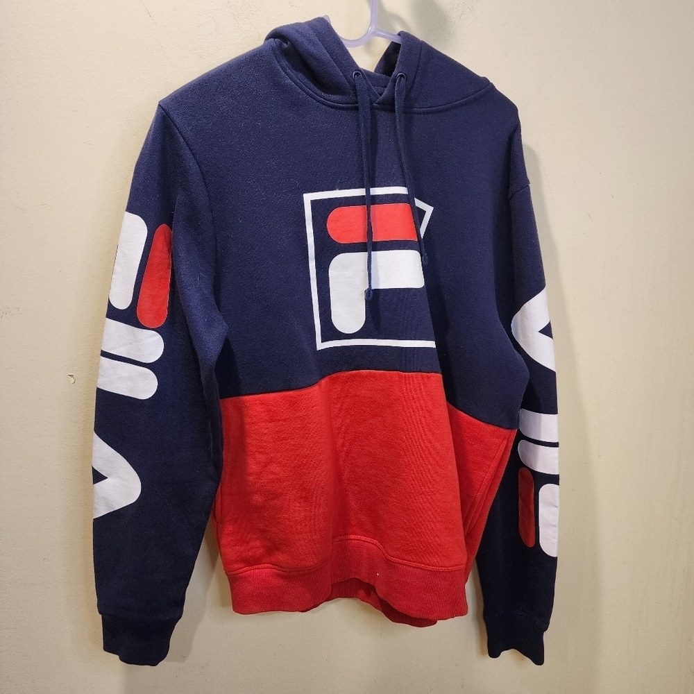 Fila Blue and Red Logo Hoodie Sweatshirt Size M